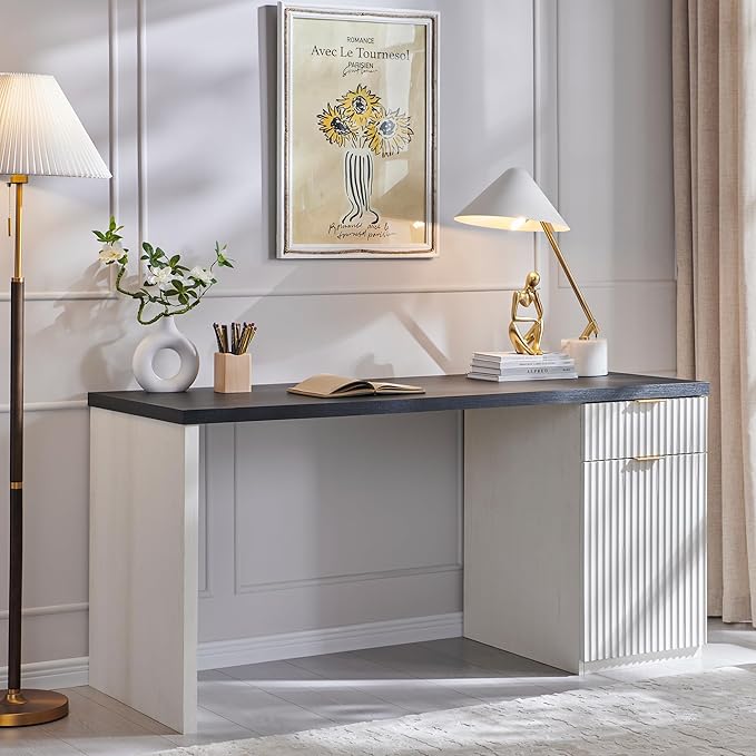 JXQTLINGMU 60" Modern Executive Desk with Storage, Wood Home Office Desk with Drawer & Cabinet, Fluted Computer Writing Desk for Study, Living Room, Bedroom, Antique White