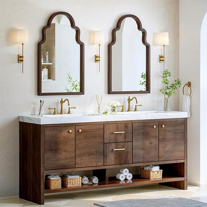 40"x24" Walnut Arched Mirror, Solid Wood Frame for Vanity, Mid Century Modern Decor for Living Room & Bedroom, Rustic Dark Brown Wooden Mirror for Wall, Boho Style