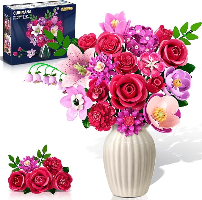 Flowers Bouquet Building Set with Light - 21 Rose Red Botanical Collection Building Block Set for Adults, 832 PCS Flower Plant Kit for Home Decor, for Her Women Girls Kids 12+