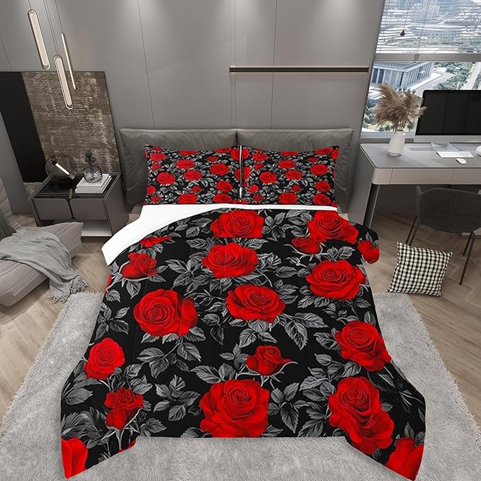 Castle Fairy Kids Red Flowers Comforter Set Twin Size,Rose and Grey Leaves Print Quilt Set for Kids Boys Bedroom Decor Xmas Gift,Gothic Floral Plant Theme Polyester Bedding Set with 1 Pillowcase
