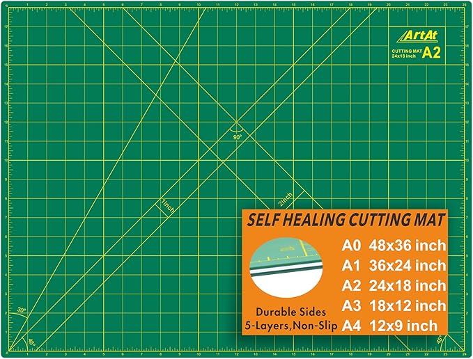ArtAt Self Healing Cutting Mat: 18″x 24″ Green Double Sided, Non-Slip 5 Layers PVC Durable A2 Sewing Craft Mat for Rotary Cutter, Use for Quilting, Scrapbooking and Craft & Art Projects…