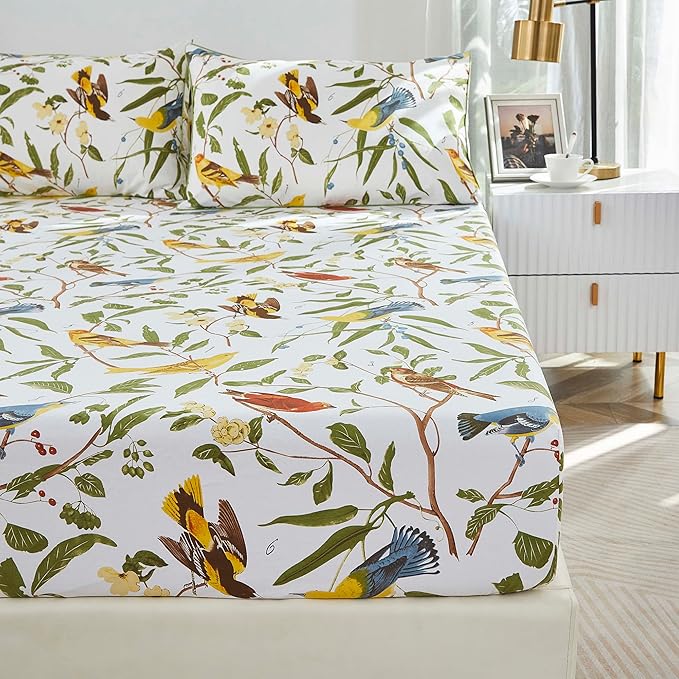 Brandream Eastern Floral Birds Bedding Chinoiserie Blossom Sheet Set Luxury Bedding 800TC 100% Egyptian Cotton Deep Pocket White Green Asian Style Botanical Ornamental Drawing, 4PC-King Size