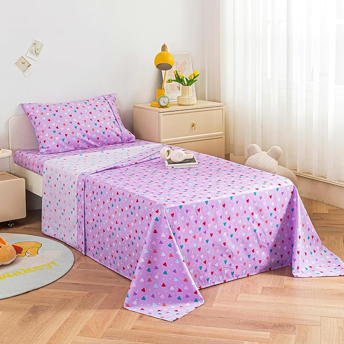 Viviland 4 Pieces Girls Purple Full Sheet Set - Soft Microfiber Fitted Flat Sheets & Pillowcases - Colorful Hearts Printed Bedding Sets - for Kids & Toddlers