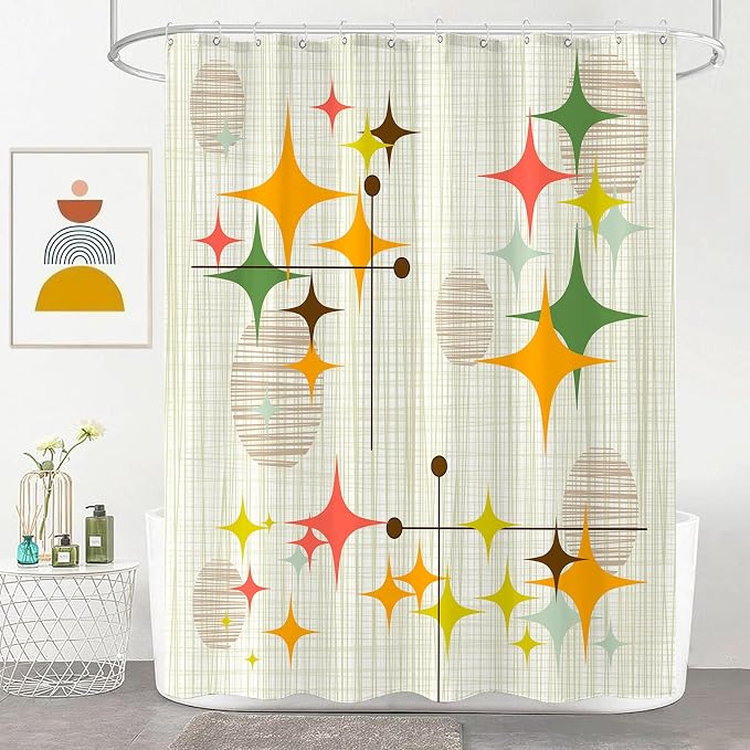 84 Inch Extra Long Mid Century Modern Shower Curtain Retro Stars Shower Curtains for Bathroom Abstract Vintage Boho Art Waterproof Fabric Bath Curtain Decor (Yellow1, 72'' x 84'')
