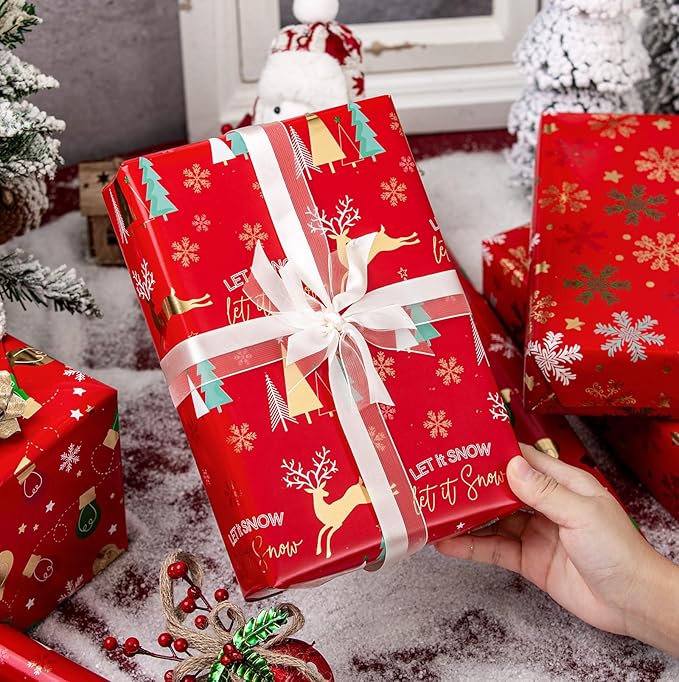 MAYPLUSS Red Christmas Wrapping Paper Rolls - 17" X 120" Per Roll - Vintage Funky Red Deer, Christmas Oranments, and Snowflakes Pattern Holiday Gift Wrap Present Paper for Festive Celebrations