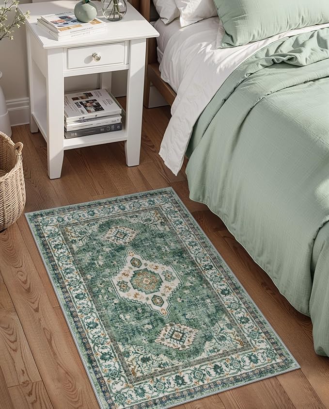 Lahome Oriental Small Rugs for Entryway, 2x3 Rug Non Slip Washable Door Mat Indoor Entrance Ultra-Thin Vintage Soft Carpet for Kitchen Bedroom Front Door Bathroom, Green/Multi