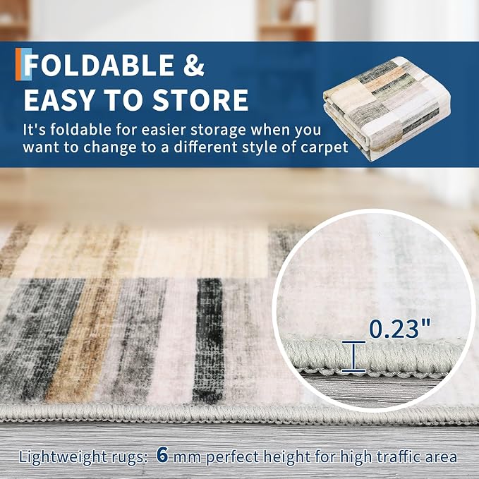 Washable Area Rugs 9 x 12 Rug for Living Room Geometric Modern Rug Non Slip Throw Rugs Large Bedroom Rugs Low Pile Stain Resistant Carpet for Dining Room Nursery 9'x12' Khaki&Grey