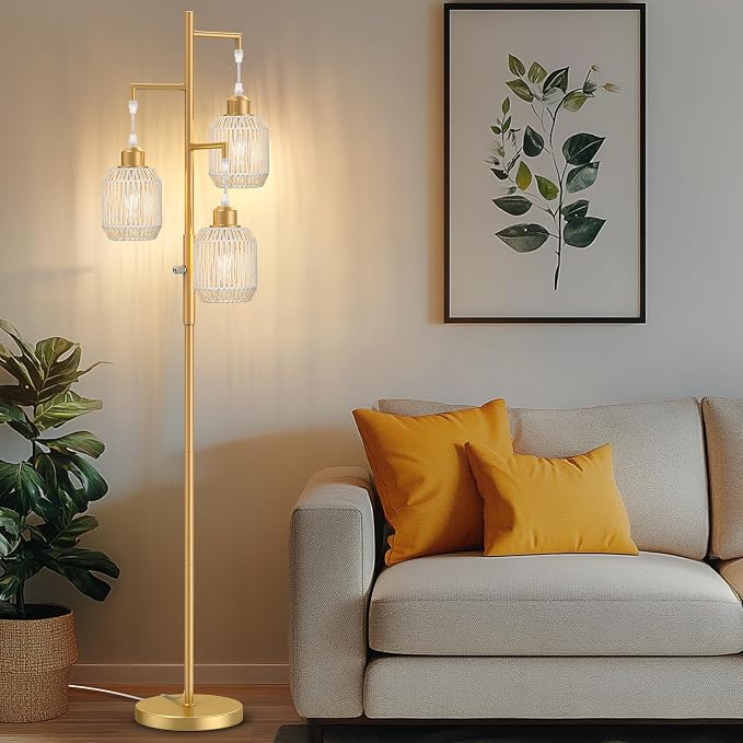 ROTTOGOON Dimmable Boho Floor Lamp - 3 Light Farmhouse Rattan Floor Lamp for Living Room, Industrial Tree Floor Lamps with 3 X 6W LED Bulbs, Rustic Standing Tall Lamp for Bedroom, 68", White