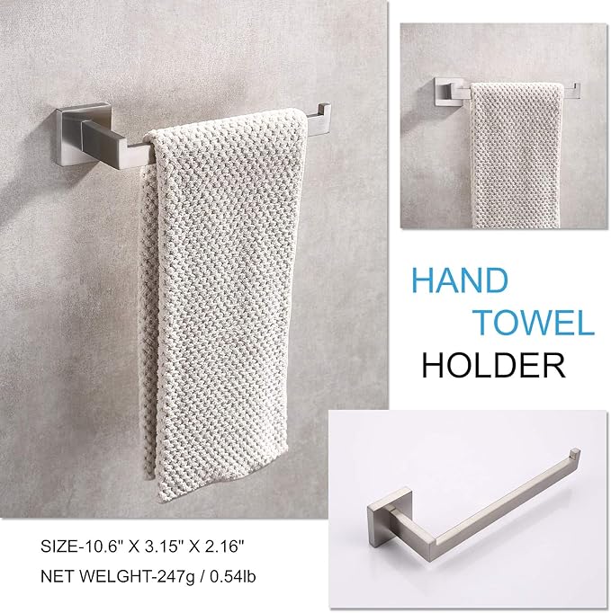 TASTOS Premium Stainless Steel Hand Towel Holder, Square Hand Towel Ring Heavy Duty Wall Mounted Modern Hand Towel Bar for Bathroom Kitchen, Brushed Nickel