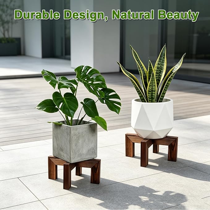 Wood Plant Stand Indoor Outdoor, Mid Century Modern Planter Holder, Sturdy Plant Pot Stand, Single Floor Flower Pot Holder (Walnut, Fit 5-10 Inch Pots)