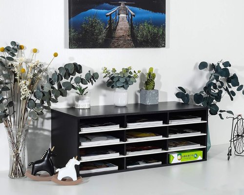 PAG Mail Sorter - Wood Countertop Literature Organizer with 12 Compartments | Black & White Design