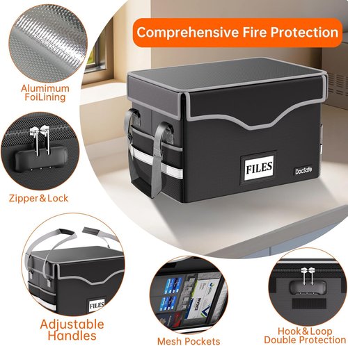 DocSafe Fireproof Document Box - 5200°F Heat Insulated File Organizer with Lock & Handle | Portable Black Storage for Legal Folders