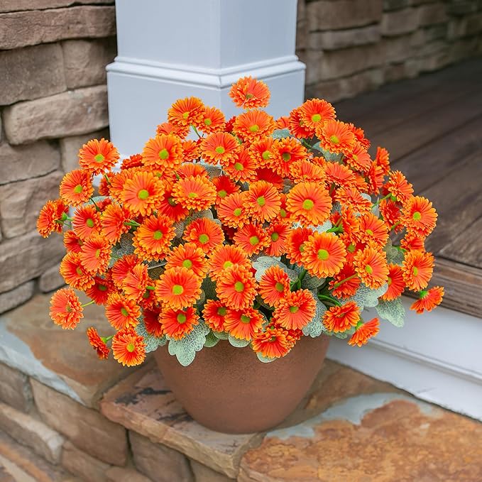 HyeFlora Dahlia Artificial Winter Flowers for Outdoors Christmas Decoration, 6 Bundles Fake Daisy Orange Faux Plants Realistic UV Resistant Silk Flowers for Outside Planter Front Door Yard Garden