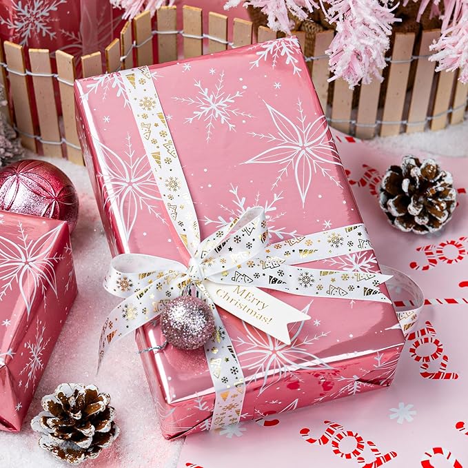 MAYPLUSS Pink Christmas Wrapping Paper Roll - 17IN X 33FT - Christmas Gift Wrapping Paper Featuring White Snowflake Reversible Candy Cane for Kids, Holiday, New Year