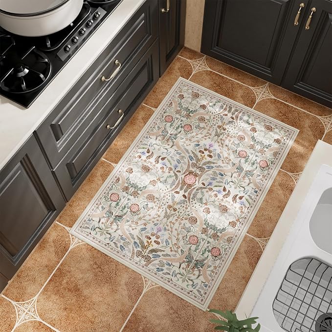 AMTOVO 2x3 Washable Entryway Area Rug Door Mat, Vintage Boho Floral Distressed Print Non-Slip Carpet, Small Throw Rug for Indoor Entrance Kitchen Bedroom Bathroom Laundry Floor, Beige
