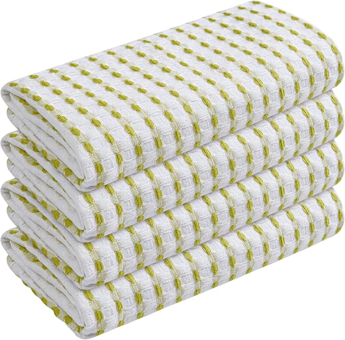 TWINY threads Waffle Kitchen Towels Set of 4, 16x26 Inches, 100% Cotton Waffle Weave Dish Cloth Pack, Super Absorbent & Fast Dry Tea Towels for Drying and Cleaning, Lemon Green, White