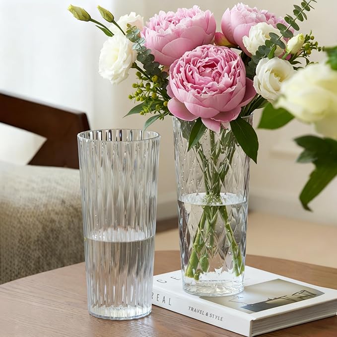 2 Clear Plastic Flower Vase, 10.2" Acrylic Rose Bouquet Vases for Home Decor Centerpieces Wedding Birthday Mothers (D4.6 2 + 2 Holder)