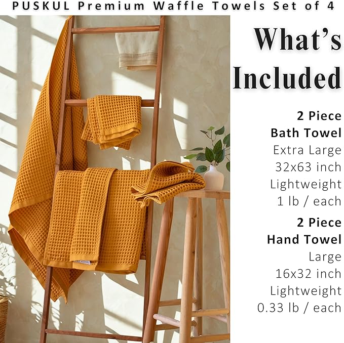 PÜSKÜL 4-Piece Natural 100% Turkish Cotton Luxury Waffle Towels for Bathroom | Premium Honeycomb Weave 2 Hand Towel & 2 Bath Towel Set | Soft Absorbent Quick-Dry Lightweight Towels (Mustrad Yellow)