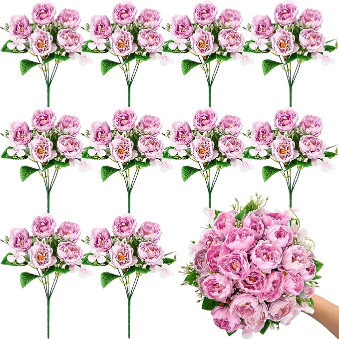 Olgaa 12 Bundles Peonies Artificial Flowers Fake Peony Bouquet Faux Peonies Flowers Bulk with Stems Flower Balls for Centerpiece Table Decorations Wedding Bridal Floral Arrangement (Purple Pink)