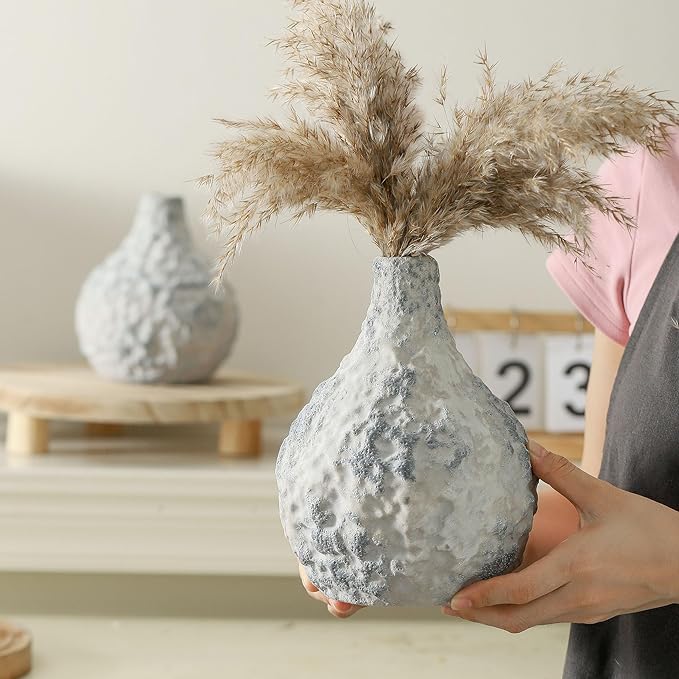 Stone Vases, Ceramic Bud Vase Set of 2 Minimalist Vases for Pampas Grass,Modern Vase for Wabi Sabi Home Decor, Shelf Decoration，Fireplace Decor,Coffee Table Decor