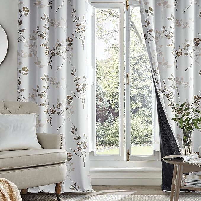 Beauoop Floral 100% Blackout Curtains 108 Inches Long 2 Panels for Bedroom Living Room Tan Brown and White Flower Patterned Room Darkening Thermal Soundproof Grommet Window Treatments Drapes, 52X108