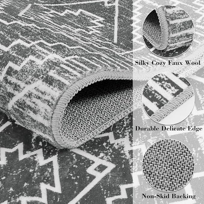 Wonnitar Moroccan 3x5 Washable Area Rug, Boho Living Room Rug, Non-Slip Farmhouse Rustic Bedroom Throw Mat, Non-Shedding Soft Geometric Floor Carpet for Kitchen Entry Office (Dark Grey,3'x5')