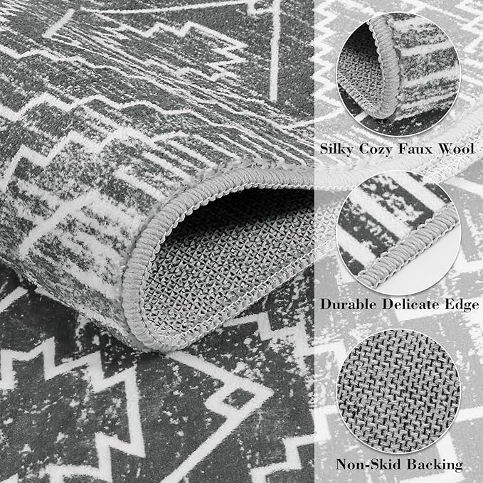 Wonnitar Moroccan Washable Kitchen Runner Rug 2'6"x8', Non-Slip Dark Grey Boho Rug Runners for Hallways, Farmhouse Floor Carpet Soft Runner for Bathroom Hall Entyway (Dark Grey,2'6"x8')