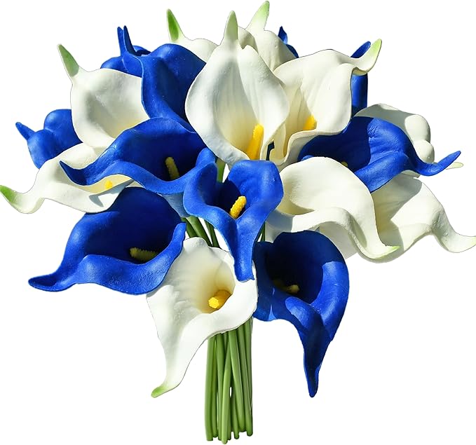 Mandy's PU Blue and White Calla Lily Artificial Flowers 20 Stems 13.5in Faux Realistic Centerpiece for Thanksgiving and Christmas Decorations DIY Bridal Bouquet Home Décor