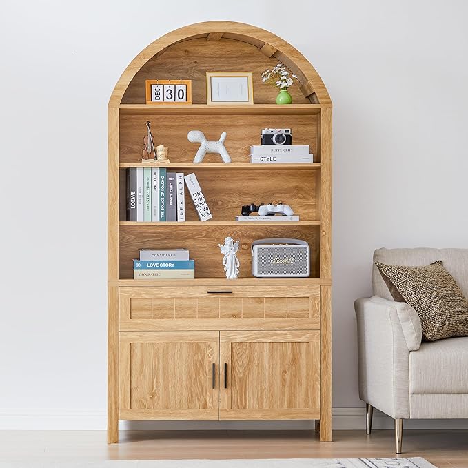 Turtle&Myrtle 73" H Large Arched Bookshelf，5-Tier Arch Bookcase with Doors，Mid Century Modern Book Shelf with Drawers，Wood Bookshelf w/Open Display Shelves for Living Room, Office (Natural)