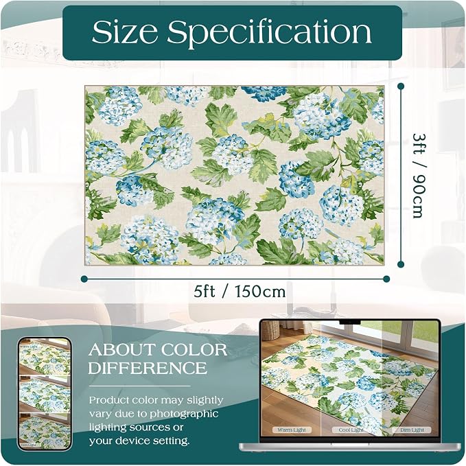 3x5 Floral Entry Rug - Small Washable Indoor Outdoor Mats for Front Door Non-Slip Porch Rug Blue Green Botanical Flower Throw Rugs for Living Room Bedroom Entryway Kitchen Office Porch Decor