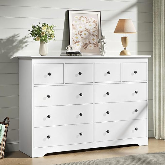 White Dresser for Bedroom，55" Wide 10 Drawers Dressers,Modern Wooden Chest for Living Room, Hallway