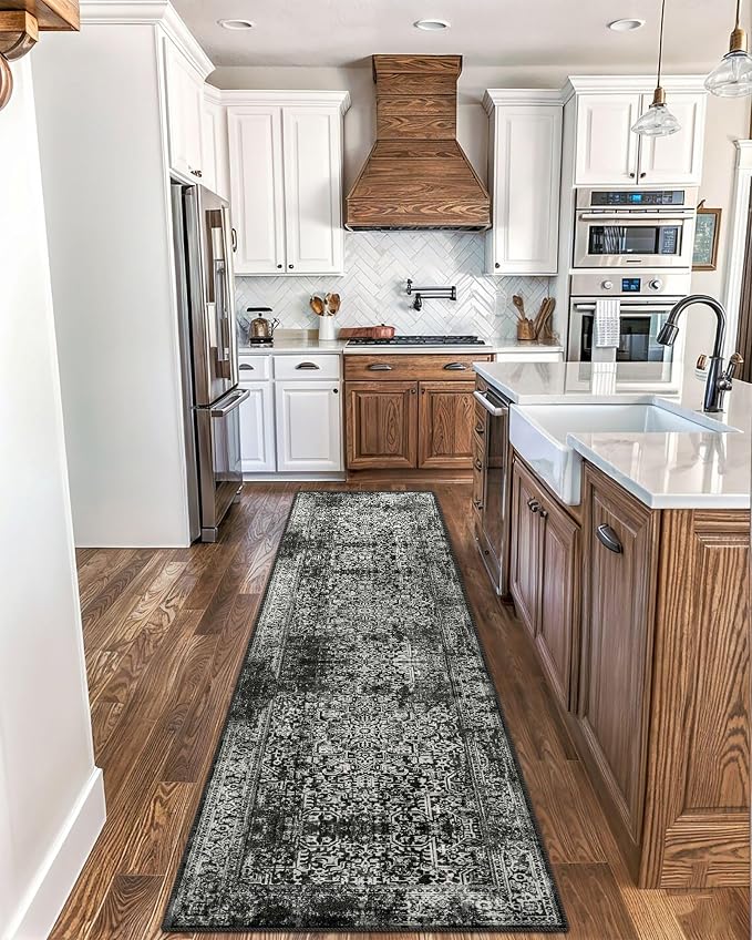 vivorug Black Runner Rug 2x10 Machine Washable Rug with Non-Slip Backing, Ideal for Kitchen Hallway Entryway Laundry Room - Vintage, Durable, Easy Clean, Low Pile Carpet Runner