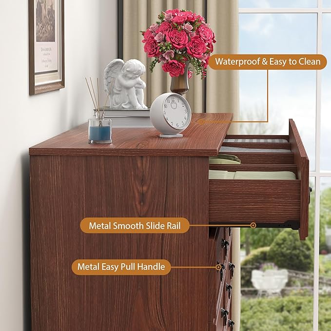 Dresser for Bedroom with 10 Drawers, Large Chest of Drawers Storage Organizer, Long Dresser Storage TV Stand for Living Room, Bedroom, Hallway Cherry Wood