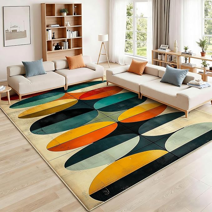 6x9 Geometric Rug, Mid Century Modern Rug for Living Room, Colorful Geometric Rugs, Mid Century Rugs, Abstract Carpet, Non-Slip Washable Carpet, Abstract Bedroom Kitchen