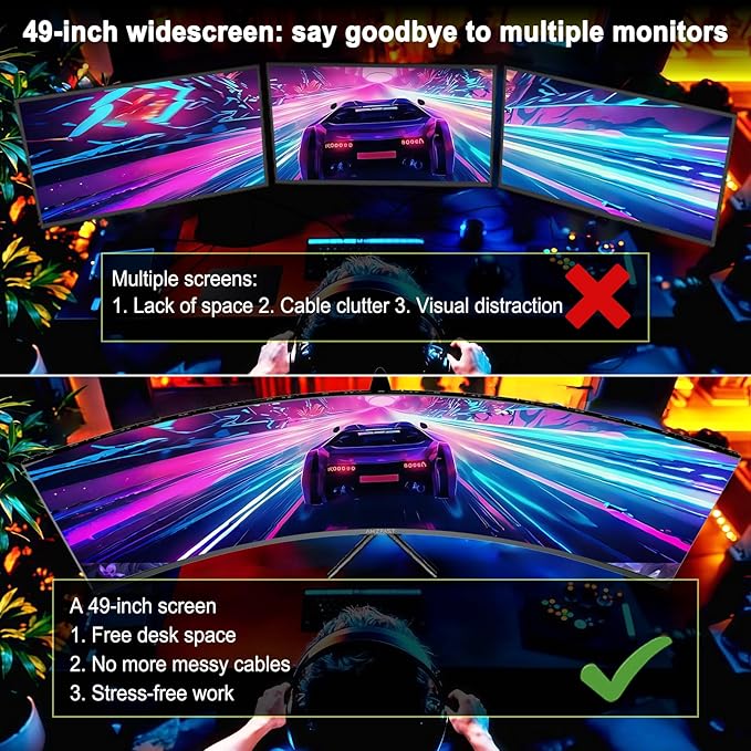 Amzfast 49 Inch Curved Monitor 120Hz DQHD 5120x1440p Ultrawide Gaming Monitor, 120% sRGB, 1500R, 1ms MPRT, HDR, Adaptive Sync, PIP/PBP, Height Adjustable, HDMI 2.0/DP 1.4, VESA 75x75, AMZG49C7U