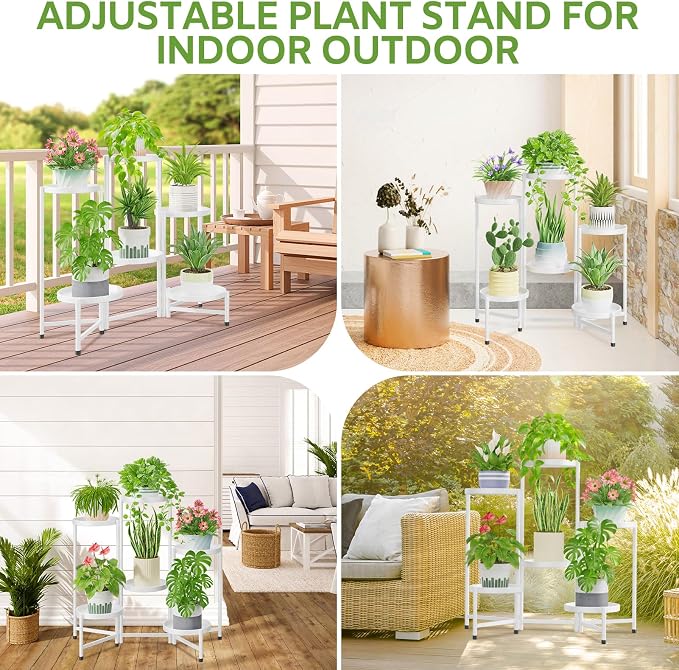 iDavosic.ly 6 Tier Large Plant Stand Indoor with 10 Inch Wide Tray, Tiered Corner Metal Outdoor Flower Display Holder Shelf, Folding Tall Rack for Patio Porch Living Room, White