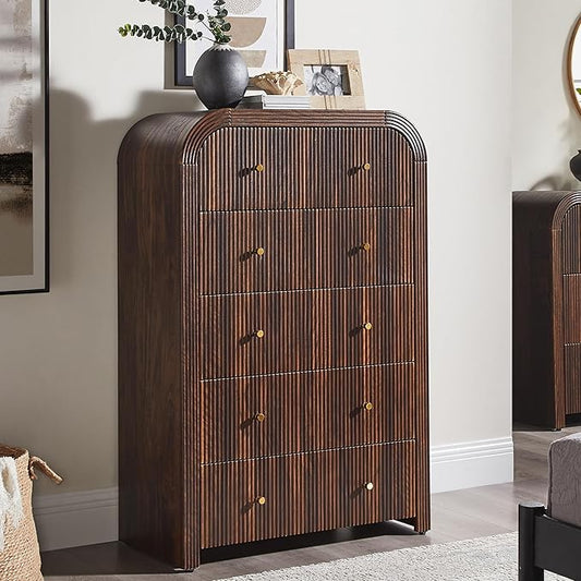 T4TREAM Fluted 5 Drawers Dresser, 48" Tall Modern Chest of Drawers with Thickened Curved Profile Design, Wood Closet Clothes Storage Organizer for Bedroom, Living Room, Hallway, Dark Walnut