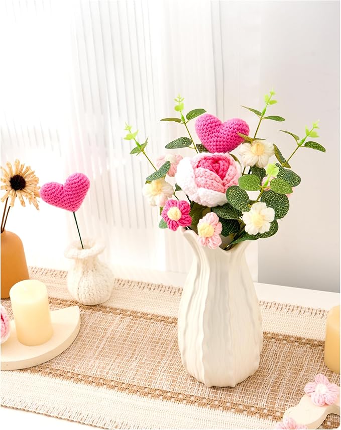 Crochet Flowers Bouquet Gift for Wife Girlfriend Lover Fiancee Mother Women, Handmade Artificial Knitted Flower with Roses for Wedding, Anniversary, Birthday，Valentine's Day Present,Home Decor