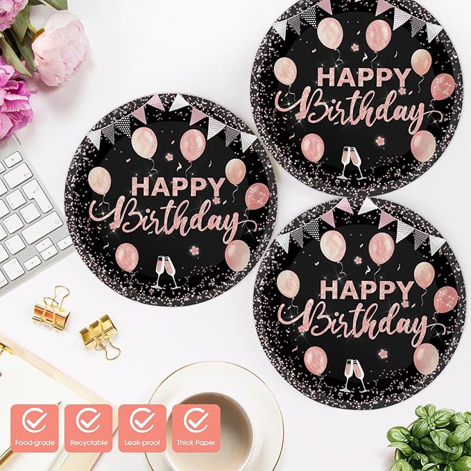 40 Pcs Happy Birthday Plates and Napkins Party Supplies, Rose Gold Paper Plates Napkins Disposable Tableware Set for Women Girls Birthday Party Decorations