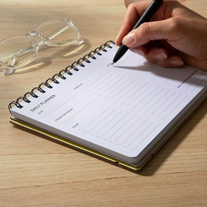 Undated Daily Planner Notebook – Spiral Bound A5 (5.75" x 8.5"), 60 Pages, Yellow Cover | Simple Organizer for Work, School & Personal Goals