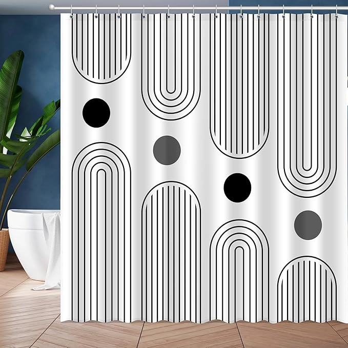 JWXCBIM Boho Mid Century Shower Curtain Set, Modern Minimalist Arch Lines Sun Abstract Aesthetics Bathroom Decor, Waterproof Fabric White Bohemian Bath Curtain with 12 Hooks 72x72 inches