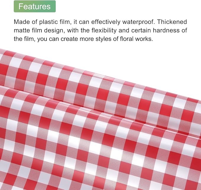 MECCANIXITY Flower Wrapping Paper Waterproof Floral Wrap Plaid Cherry Red Gift Packaging 22.8 x 22.8 Inch Used for DIY Crafts Bouquet Packaging 10 Pcs