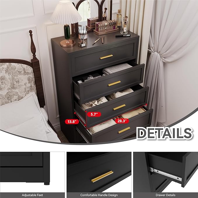 Black Metal Dresser with 5 Drawer，48" Tall Chest of Drawers with Wide Metal Handle,Drawer Organizer for Bedroom,Living Room,Hallway and Entryway