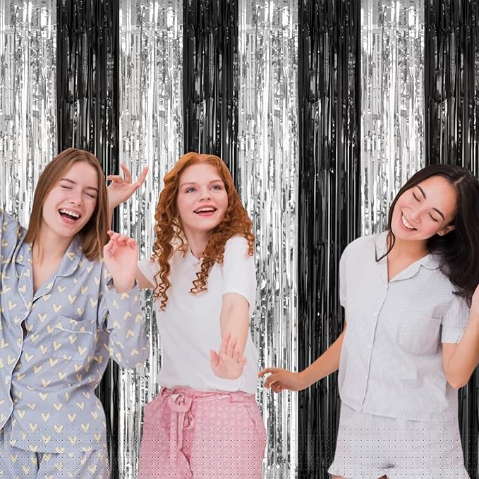 2 Pack 3.2 x 8.2 ft Black and Silver Foil Fringe Curtains Party Decorations, Sparkle Tinsel Curtain Photo Backdrop for Birthday Wedding Graduation Stream