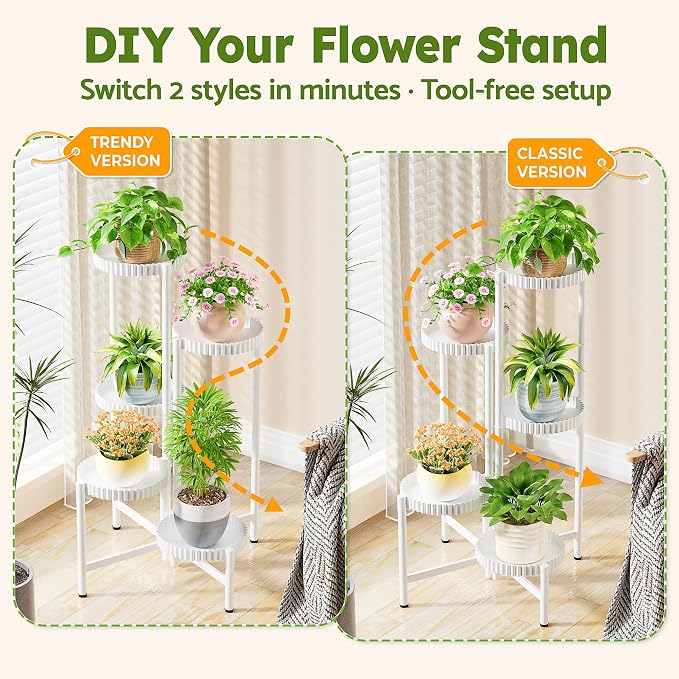 5 Tier Large Plant Stand Indoor with 7.9 Inch Wide Tray, Tiered Corner Metal Outdoor Flower Display Holder Shelf, Folding Tall Rack for Patio Porch Living Room Balcony - WhiteFloroma
