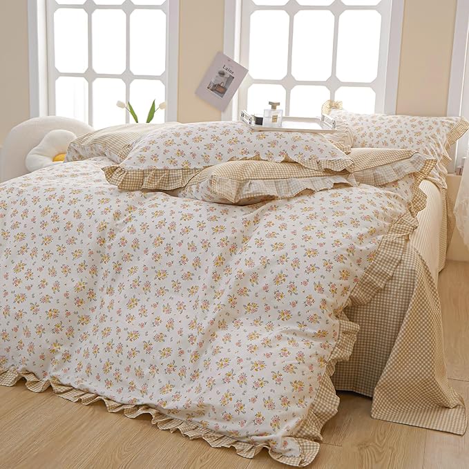 EAVD Cotton Duvet Cover King Size Floral Ruffle Duvet Cover Set Garden Style Yellow Pink Floral Pattern Duvet Cover with Zipper Closure Aesthetic Floral Comforter Cover with 2 Pillowcases