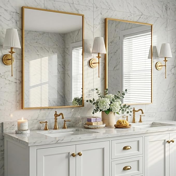 2-Pack 24"x36" Vintage Gold Bathroom Mirror, Antique Brass Deep-Set Metal Frame, Heavy-Duty Rectangular Wall Mirror, Traditional Bedroom & Mantel Decor
