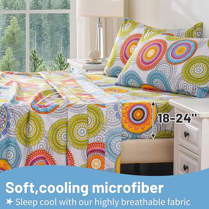 Bedlifes King Size Extra Deep Pocket Sheet Sets - Fits Mattresses Up to 18-24" Thick, 4-Piece Microfiber Set with 1800 Thread Count, Soft, Smooth, Breathable, Featuring Mandala Patterned