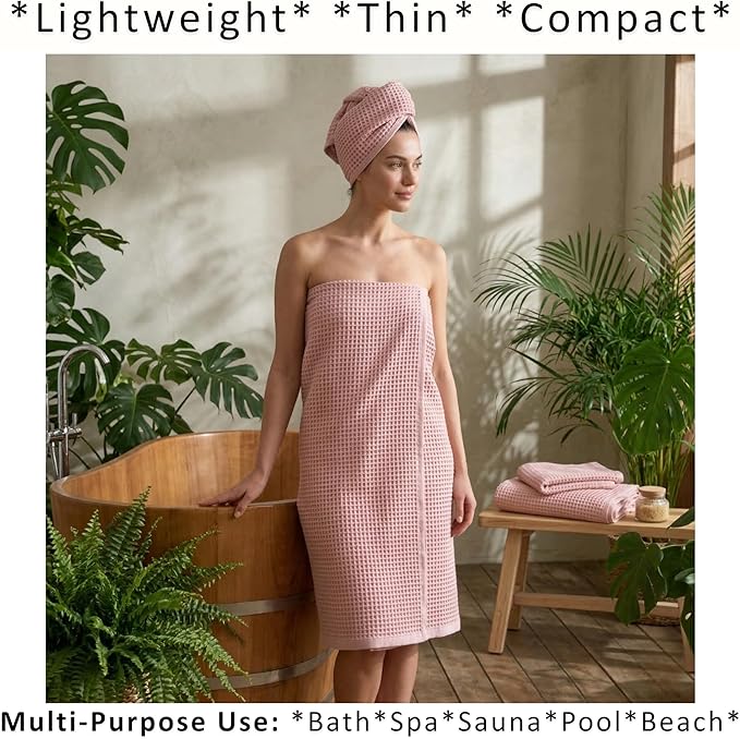 PÜSKÜL 4-Piece Natural 100% Turkish Cotton Luxury Waffle Towels for Bathroom | Premium Quality Honeycomb Weave 2 Hand Towel & 2 Bath Towel Set | Soft Absorbent Quick-Dry Lightweight Towels (Pink)