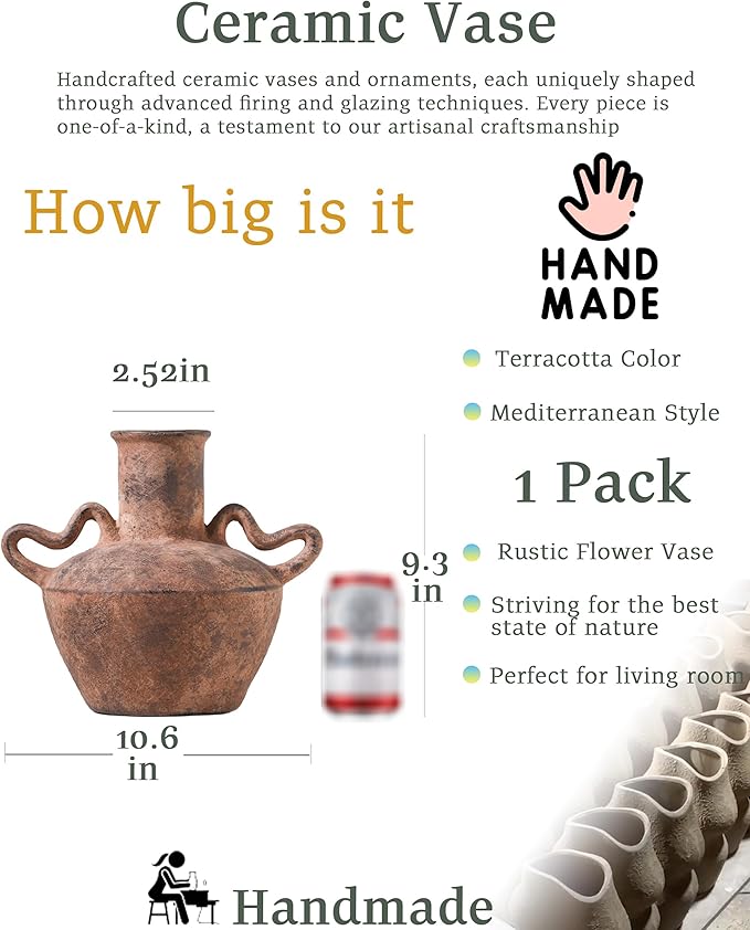 UPWOIGH 9.3in Tall Vintage Handles Terracotta Vase, Rustic Brown Ceramic Pottery Jug with Distressed Black Markings, Mediterranean Farmhouse Table or Mantel Decor, Antique Gift 1Pack